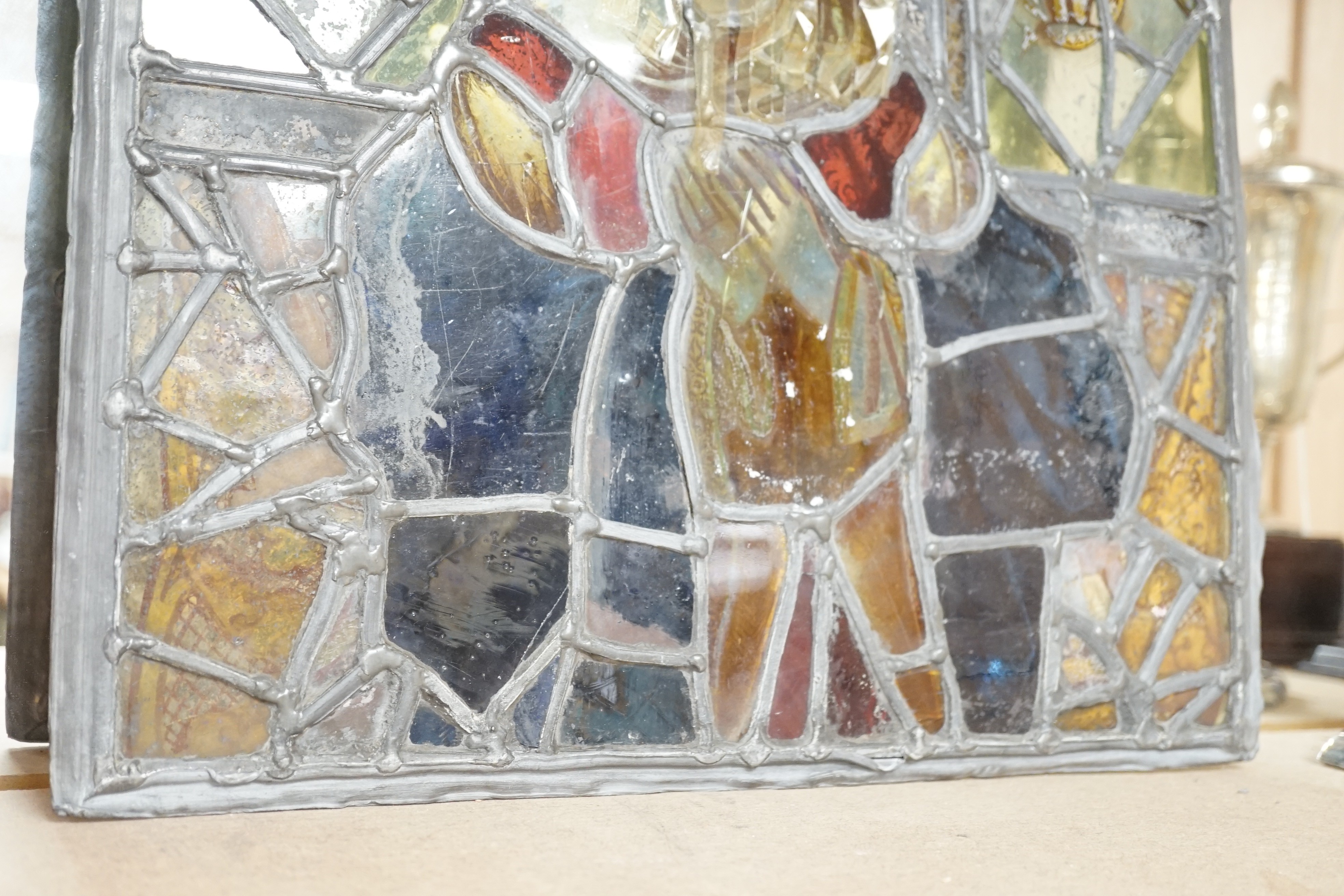 A late 18th century stained glass leaded window, 39cms wide x 49cms high